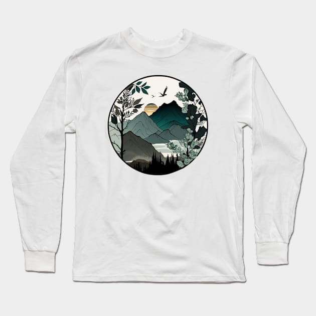 beautiful mountain view, vintage style Long Sleeve T-Shirt by teehood